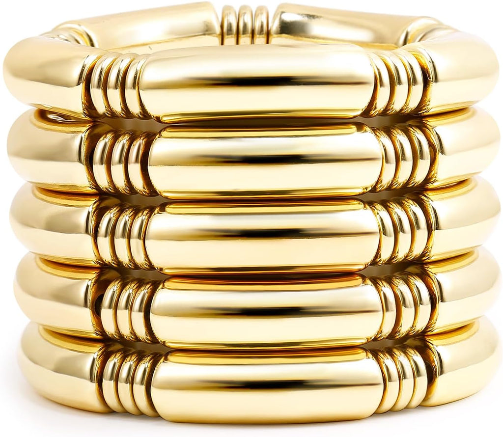 Gold Chunky Bangles Bracelets for Women 14K Gold Plated Stack Layered Curved Bamboo Tube Stretch Bracelets Gift Jewelry