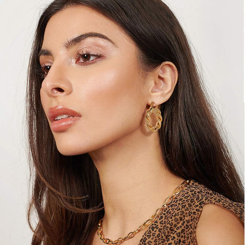 Twisted Hoop Earrings 14K Gold Plated Dainty Lightweight Hypoallergenic Chunky Hoops Earrings for Women