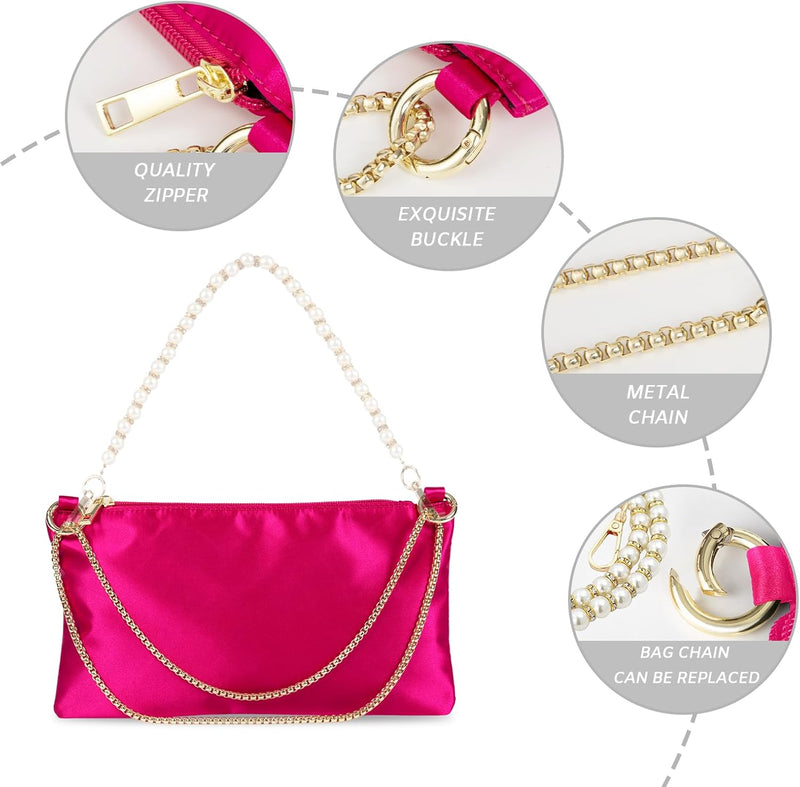 Women Satin Evening Handbag Wedding Prom Clutch Purse Formal Cocktail Party Clutches Shoulder Bag with 2 Bag Chains