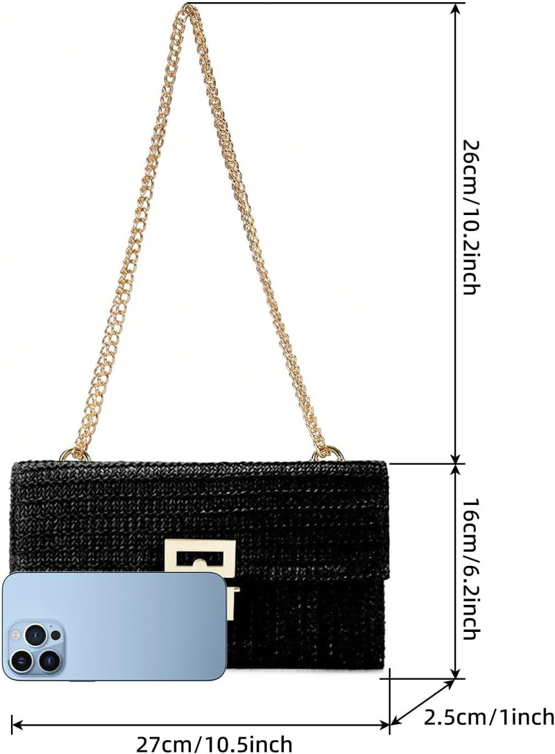 Straw Chain Clutch Purses for Women Ladies Woven Envelope Handbag Shoulder Crossbody Beach Bag