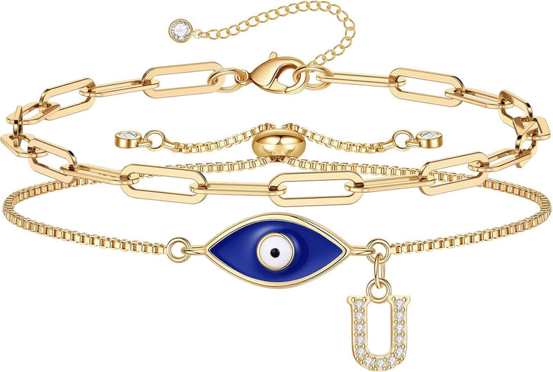 Gold Evil Eye Bracelets for Women, 14K Gold Plated Dainty Layering Paperclip Initial Bracelet Protection Evil Eye Jewelry Layered Gold Evil Eye Bracelets for Womens Friendship Gifts Jewelry Set