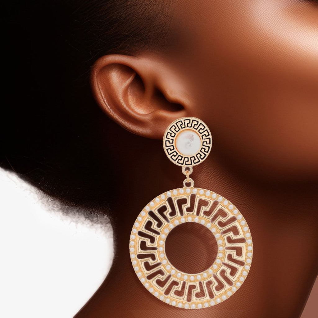 Elegance Redefined: Gold Pearl Greek Key Earrings