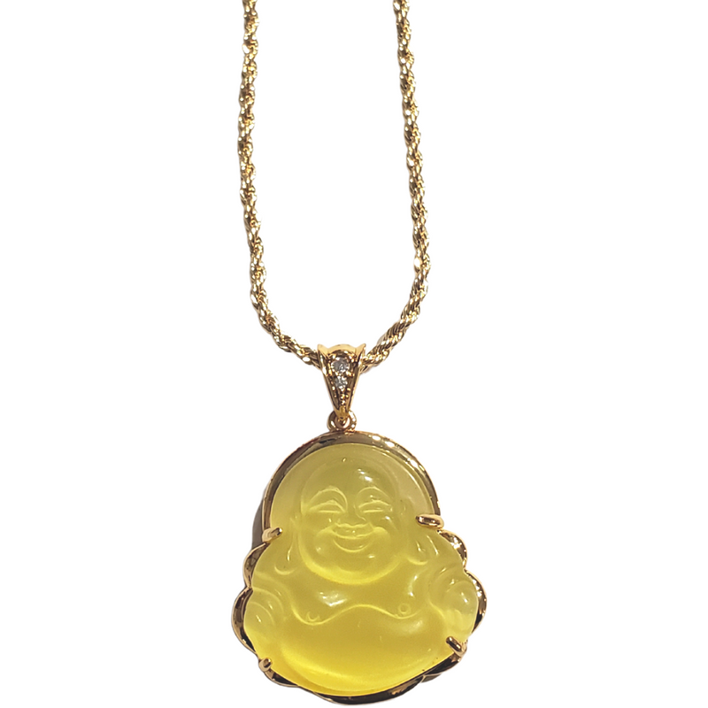 Unisex Black Obsidian Carved Laughing Buddha Pendant Necklace