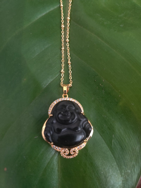 Buddha Necklace Pendant Black Carved Obsidian Sterling or Gold Plate B –  Spyglass Designs