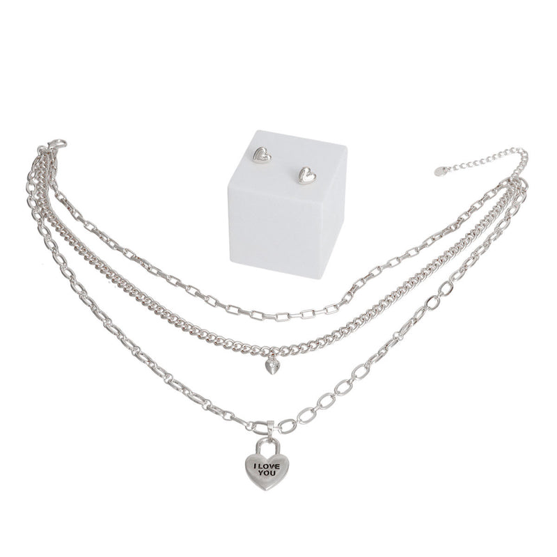 Dainty Silver 3 Layer Chain Locked Heart Necklace Set