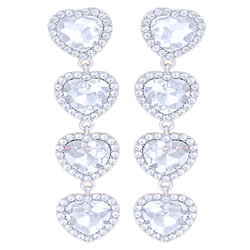 Silver Crystal Quad Heart Earrings